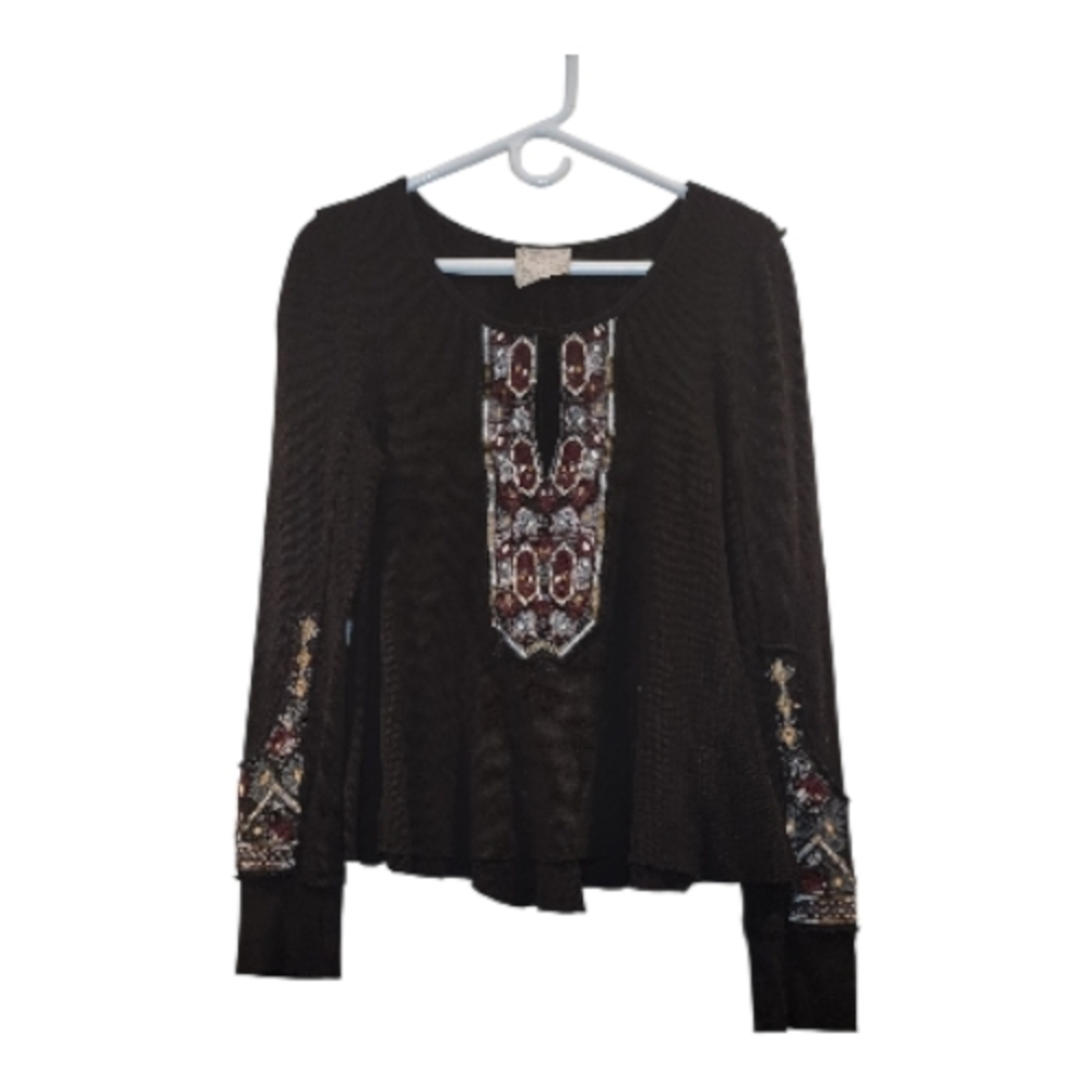 Free People Marion Black and Burgundy Embroidered Thermal Long Sleeve Top Large